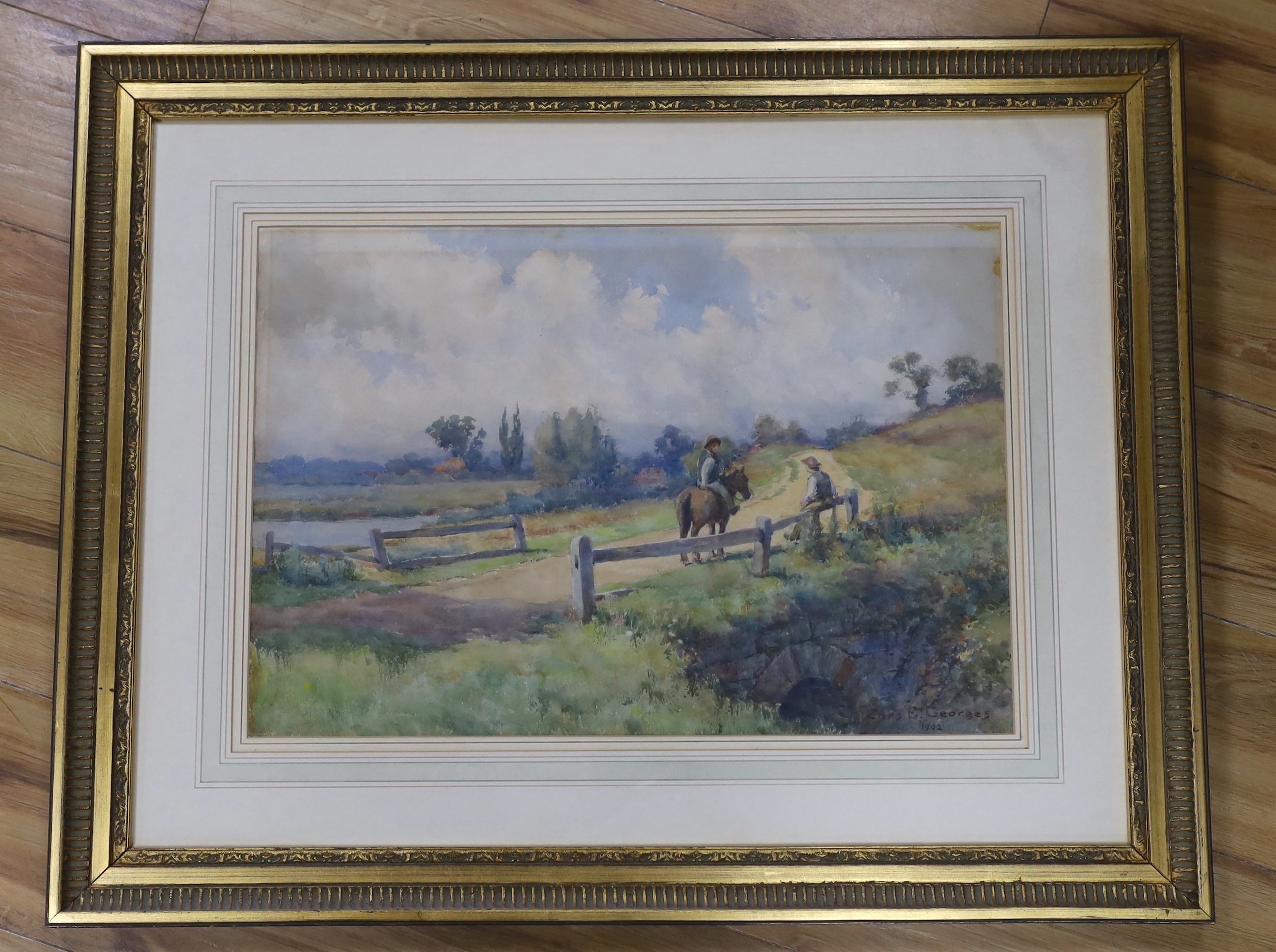Charles E. Georges (1869-1970), watercolour, Horseman on a lane, signed and dated 1902, 53 x 37cm